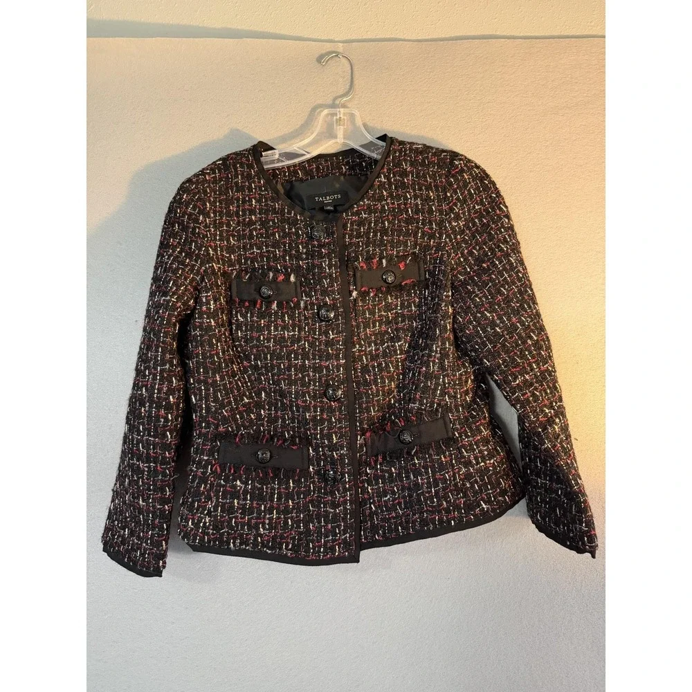 Talbots Blazer Jacket Womens 6P Black Tweed Button Front Pockets Collarless